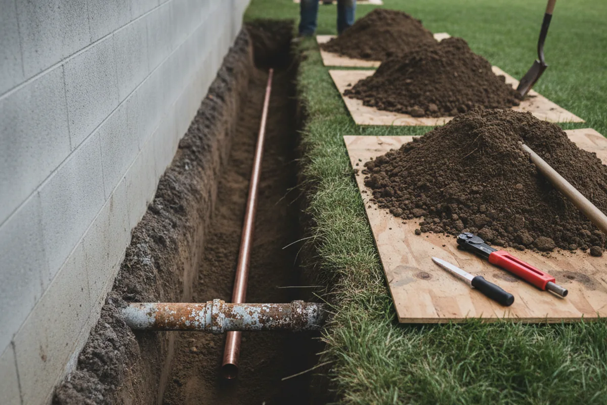Excavated water line trench during Sewer Line Repair in Grahn